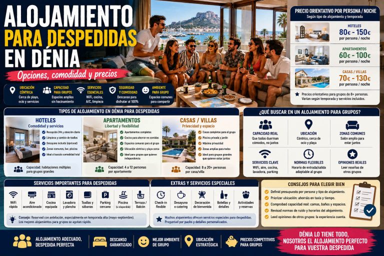 Grupo alojado en Dénia para una despedida con vistas al mar, opciones de hotel, apartamento y casa para grupos