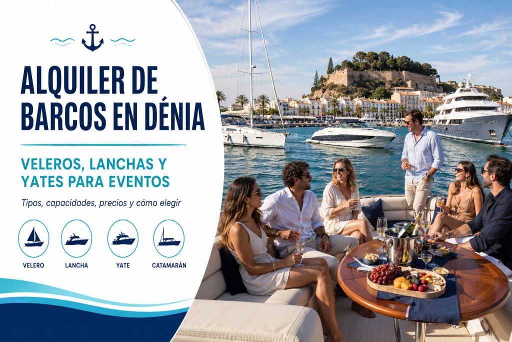 Grupo disfrutando de un barco en Dénia con veleros, lanchas y yates en el puerto
