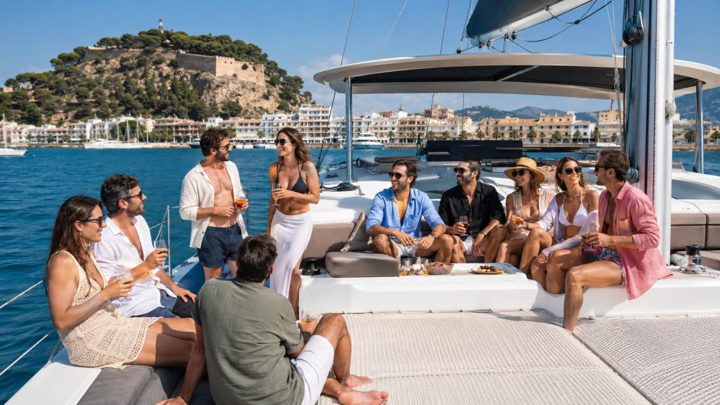 Grupo disfrutando de un catamarán en Dénia para una despedida con vistas al puerto y al castillo