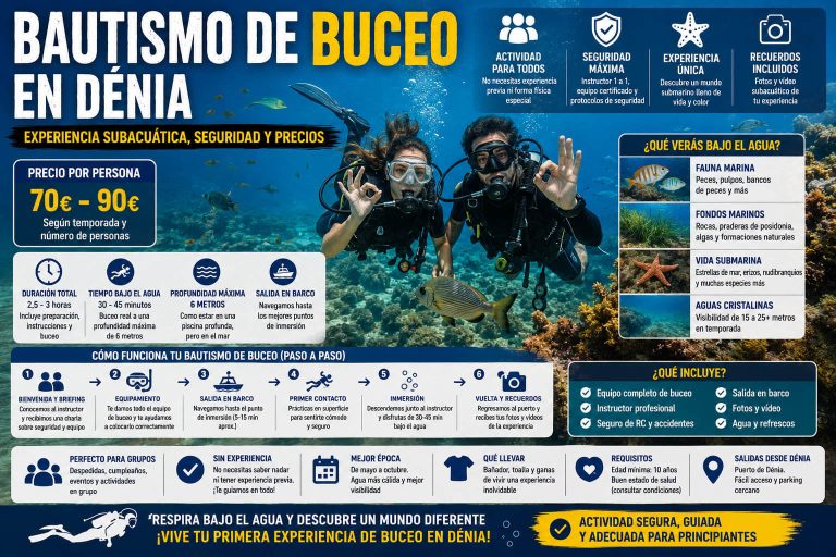 Pareja realizando un bautismo de buceo en Dénia con instructor, equipo de seguridad y fauna marina
