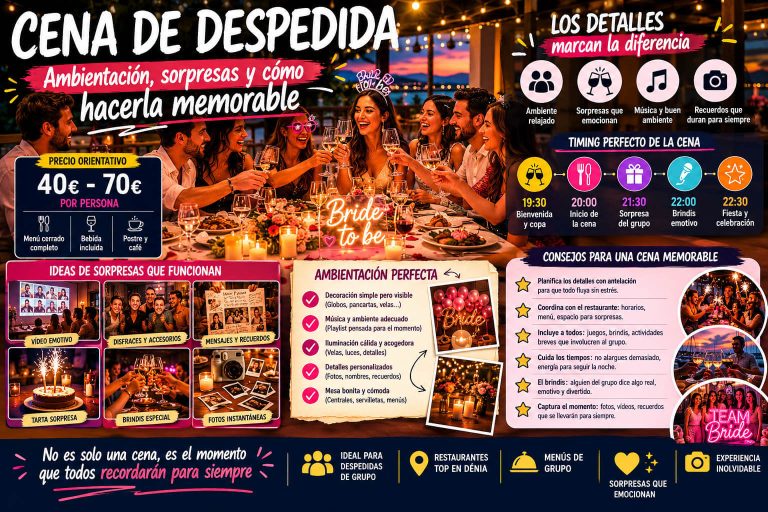 Grupo brindando en una cena de despedida en Dénia con decoración, velas, sorpresas y ambiente memorable