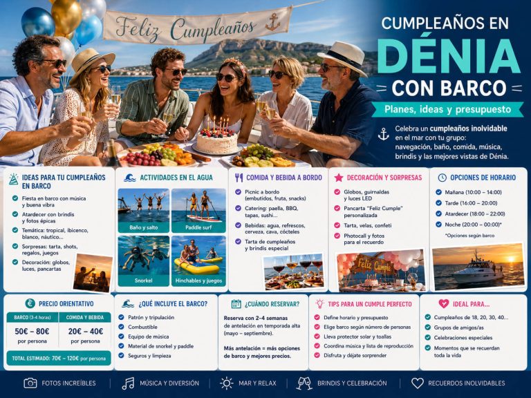 Grupo celebrando un cumpleaños en barco en Dénia con tarta, brindis, globos y actividades en el mar
