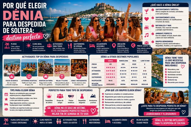 Grupo de amigas celebrando una despedida de soltera en Dénia con vistas al puerto, playa y actividades para grupos