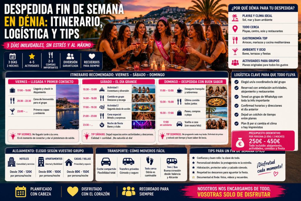 Grupo celebrando una despedida de fin de semana en Dénia con itinerario, alojamiento, actividades y cena