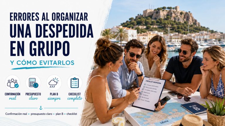 Grupo de amigos organizando una despedida en Dénia con checklist, presupuesto y planificación para evitar errores