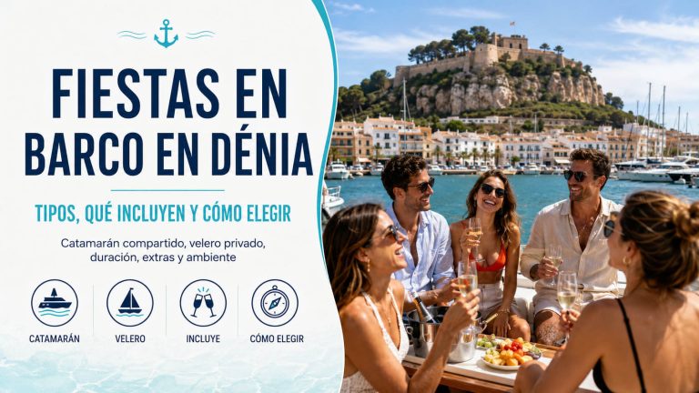 Grupo de amigos disfrutando de una fiesta en barco en Dénia con vista al puerto y guía sobre tipos de embarcación y servicios incluidos