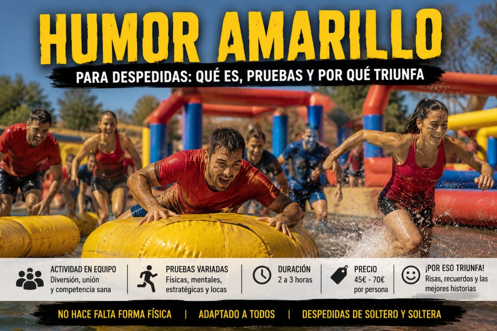 Grupo participando en pruebas de humor amarillo para despedidas con hinchables, agua y competición por equipos