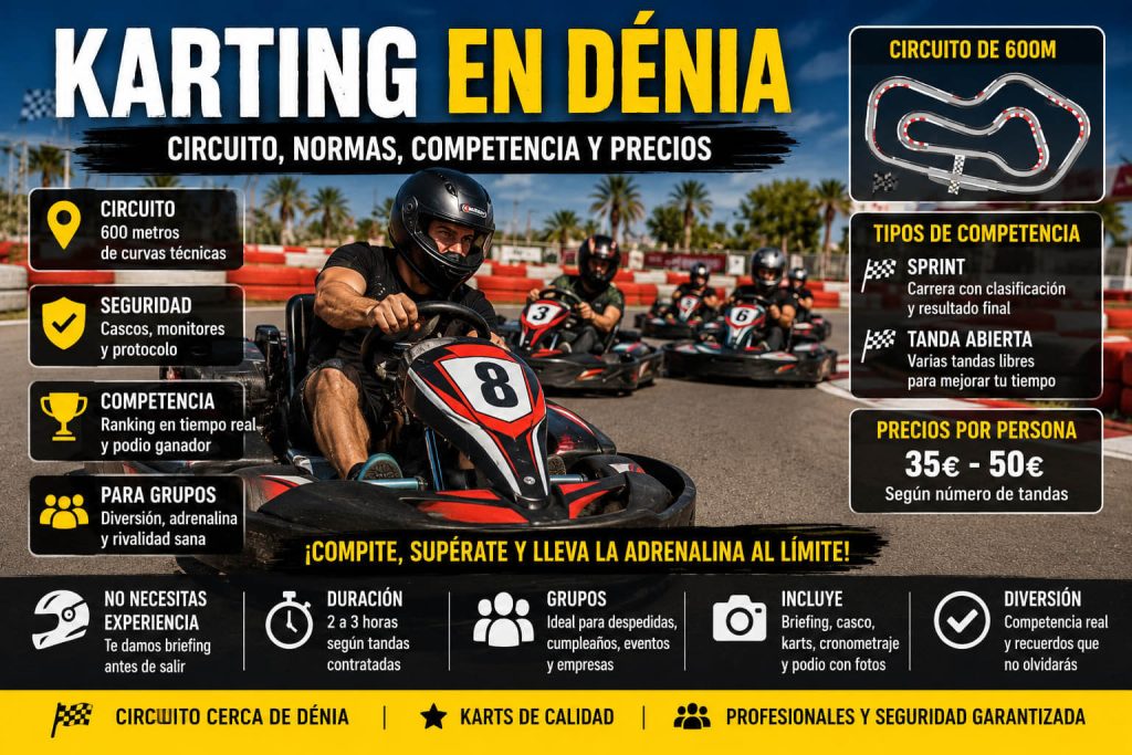 Grupo compitiendo en karts cerca de Dénia con circuito, normas de seguridad y precios por persona