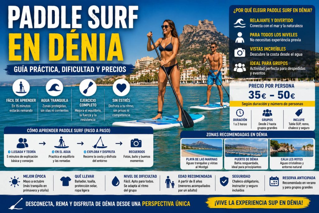 Personas practicando paddle surf en Dénia sobre aguas tranquilas con vistas a la costa y guía de dificultad y precios