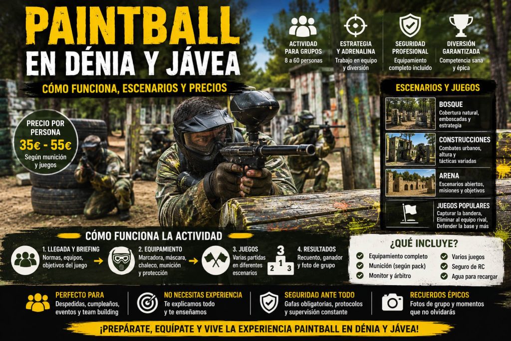 Grupo jugando al paintball en Dénia y Jávea con equipamiento de seguridad, escenarios y juegos por equipos