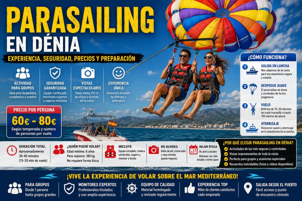 Pareja haciendo parasailing en Dénia sobre el mar con lancha, paracaídas y vistas de la Costa Blanca