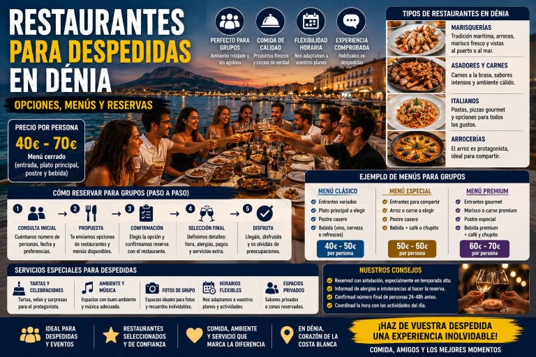 Grupo brindando en un restaurante para despedidas en Dénia con menú de grupo, cena y ambiente de celebración