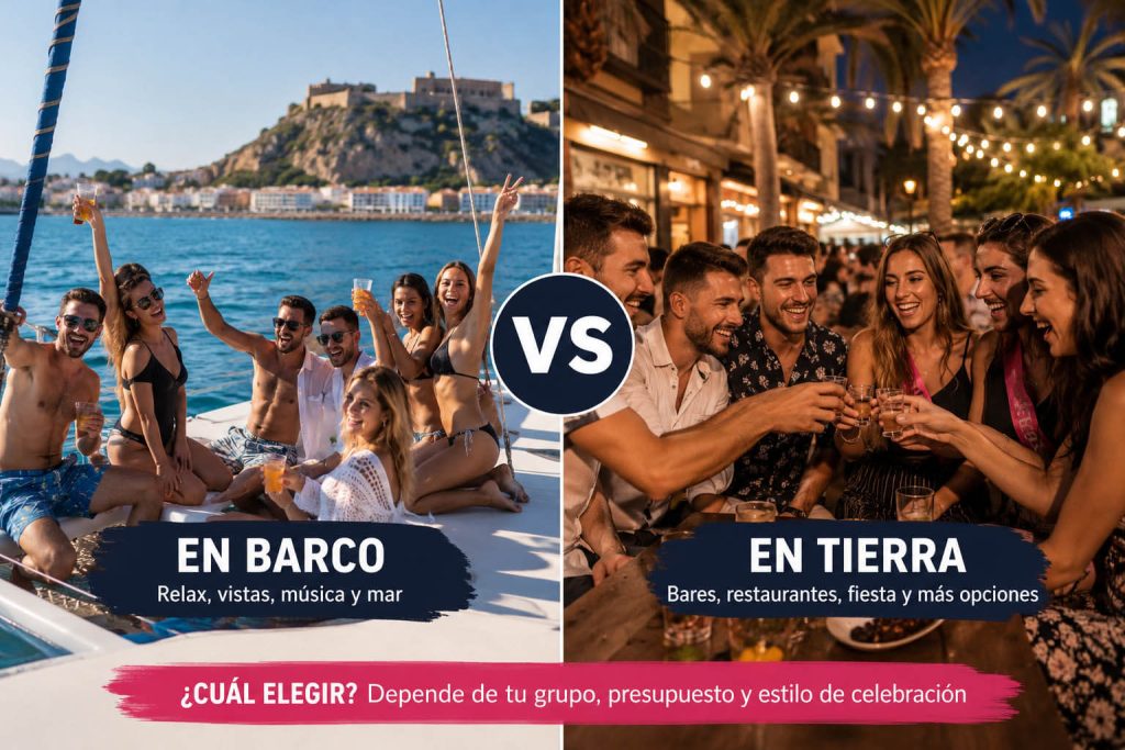 Grupo de amigos comparando una despedida en barco y un plan en tierra en Dénia