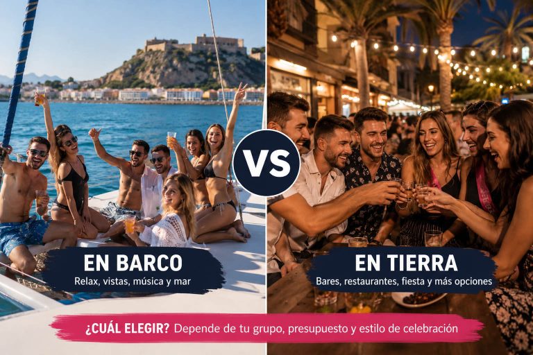 Grupo de amigos comparando una despedida en barco y un plan en tierra en Dénia