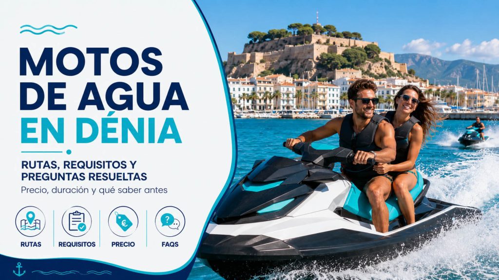 Pareja disfrutando de motos de agua en Dénia con vistas al puerto y guía de rutas, requisitos y precio